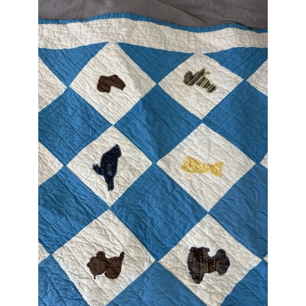 Antique Cotton Patchwork‎ Quilt Blue White Handmade Square Blocks 48